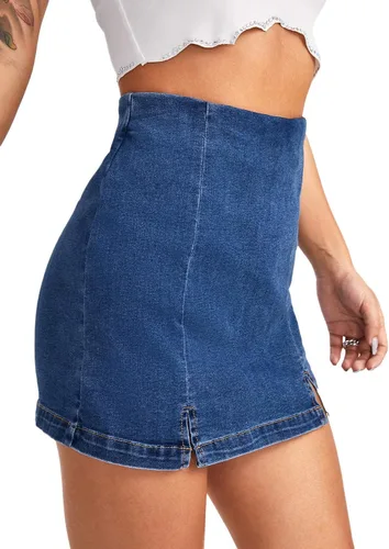 Vista 4 de Floerns Pantalones cortos de mezclilla de cintura alta con dobladillo dividido para mujer