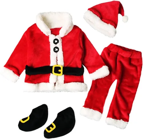 Vista 9 de 4 piezas de ropa polar para bebé, para Navidad, Papá Noel, abrigo, pantalones, sombrero, ropa de Año Nuevo