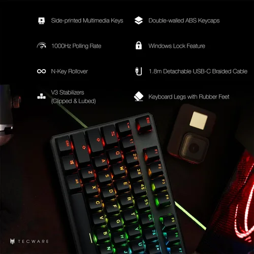 Vista 4 de TECWARE Phantom+ Teclado mecánico para juegos de 87 teclas, LED RGB, teclado TKL 75%, sonido Thocky, interruptor rojo Wraith