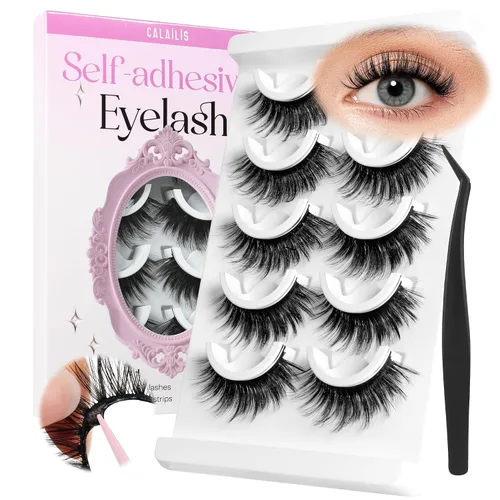 Vista 12 de CALAILIS Pestañas autoadhesivas, 5 pares de pestañas postizas a presión de aspecto natural, sin pegamento, reutilizables, pestañas postizas