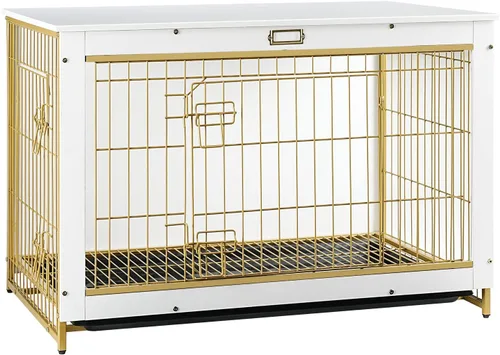 Vista 11 de Mueble de jaula para perros, perrera pequeña de 25.5 pulgadas para interiores, jaula de madera con bandeja extraíble, mesa auxiliar lateral que