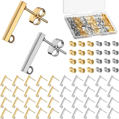 Vista 9 de Hinly 80 aretes de acero inoxidable con bucle, 80 piezas de barra de tuerca de oreja, poste perforado para hacer joyas de bricolaje, 2 tamaños Dorado