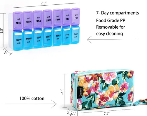 Vista 3 de Organizador Semanal de Pastillas 2 Veces al Día, Pastillero Zumd de 7 Días con Bonita Funda de Tela Acolchada con Cremallera, Estuche de Pastillas