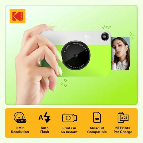 Vista 2 de Kodak Printomatic - Cámara instantánea (verde) todo en paquete + papel Zink (20 hojas) + funda de lujo + álbum de fotos + 7 juegos de calcomanías +