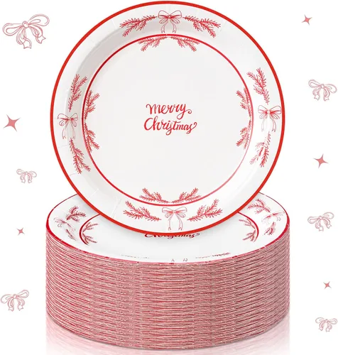 Vista 9 de Shellwei 100 platos de papel de Navidad de 7 pulgadas, platos de fiesta de Navidad a granel desechables para suministros de fiesta de Navidad
