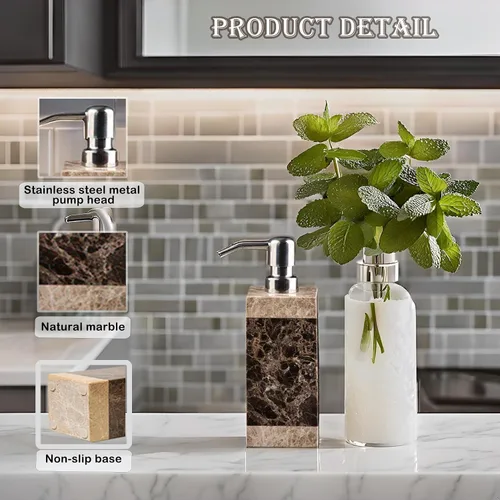 Vista 2 de Botella dispensadora de jabón de mano y loción, mármol natural, para cocina, baño, encimera, lavandería, capacidad para platos, jabón, champú, gel