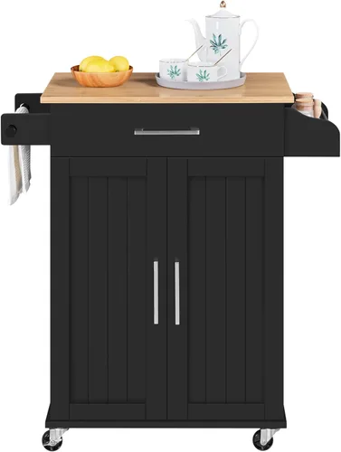 Vista 10 de Yaheetech - Carrito de isla de cocina de 32 pulgadas de ancho con almacenamiento, estante ajustable, color blanco Small Kitchen Island on Wheels
