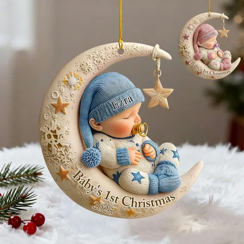 Vista 12 de DILYPOD Adorno personalizado para la primera Navidad del bebé 2025, recuerdo acrílico personalizado con efecto 3D de luna, regalo personalizado