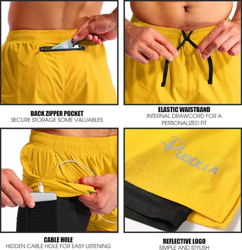 Vista 5 de Pudolla Mens 2 in 1 Running Shorts 7" Quick Dry Gym Athletic Workout Shorts for Men with Phone Pockets