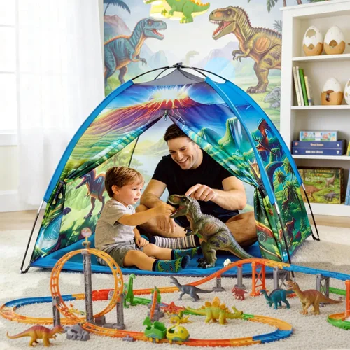 Vista 7 de Tienda de campaña de dinosaurio para niños varones, tienda de campaña de dinosaurio para niños para diversión interior y exterior, regalo perfecto