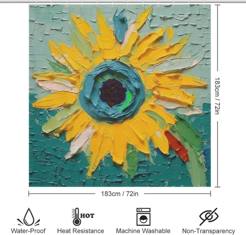 Vista 6 de YLATY2405 - Cortina de ducha de girasol para baño, pintura al óleo, hojas verdes, flores, bohemio, tela amarilla abstracta, moderna, impermeable