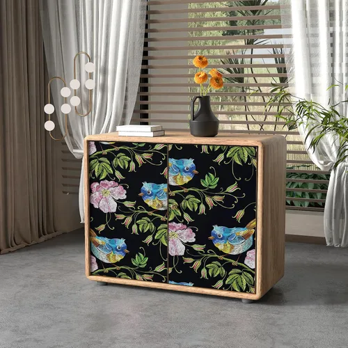 Vista 2 de CHIHUT Papel tapiz bordado de 17.7 x 100 pulgadas, diseño floral de pájaro, color negro, rosa, flores silvestres, azul, Wren, papel tapiz