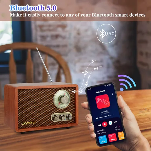 Vista 4 de Radio vintage AM FM multifunción USB SD con altavoz Bluetooth, radio de mesa de madera retro para cocina, sala de estar con perilla giratoria
