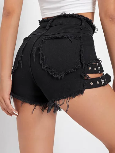 Vista 2 de Floerns Pantalones cortos de mezclilla sólidos de cintura alta con dobladillo deshilachado para mujer