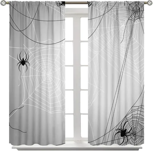 Vista 8 de JESTRONRY Cortinas de telaraña, telaraña espeluznante de Halloween, gótico, naranja, aterrador, tratamiento de ventana, cortinas opacas