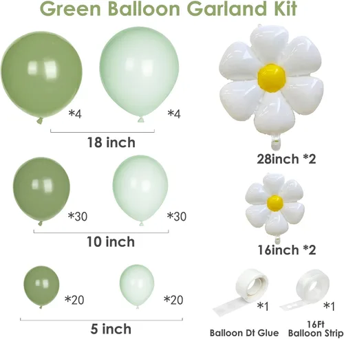 Vista 5 de Kit de guirnalda de arco de globos de margaritas de flores, globos de color verde salvia pastel macarrón, arco de globos de dinosaurio hawaiano
