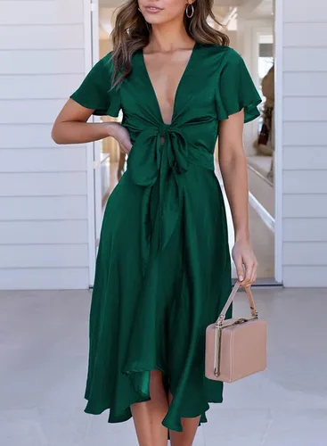 Vista 3 de miduo - Vestido largo de satén con cuello en V, volantes, manga corta, lazo frontal, cintura alta, longitud por debajo de la rodilla y acampanado