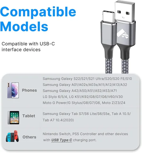 Vista 7 de Aioneus Cable USB C 3A de carga rápida [2 unidades, 6 pies] USB A a tipo C cable de carga para Samsung Galaxy S22 S21 A01 A02s A03s A11 A12 A13 A14