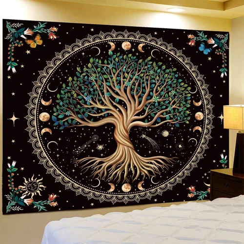 Vista 5 de Tapiz de árbol de la vida de fase lunar, naturaleza, flores, plantas, mariposas, tapices bohemios, mandala espiritual, tapiz estético para colgar