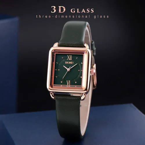 Vista 4 de SKMEI - Reloj de pulsera para mujer, de piel, rectangular, elegante, para mujer, Classic, Verde-D