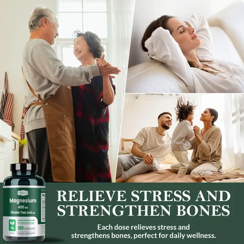 Vista 6 de FAMILI+ Magnesio 400mg Extracto de té verde orgánico 100 mg L-teanina, suplemento de magnesio para músculos, huesos, corazón, alivio del estrés