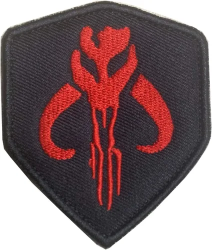Vista 2 de Escudo táctico de calavera de película de cazador mercenario, emblema bordado militar, parche de gancho y bucle, parche táctico para mochilas Negro