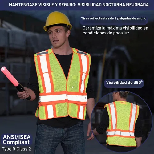 Vista 3 de Chaleco de seguridad de alta visibilidad, chaleco de seguridad ANSI Clase 2 con 5 bolsillos, amarillo con cierre de ajustable, malla transpirable