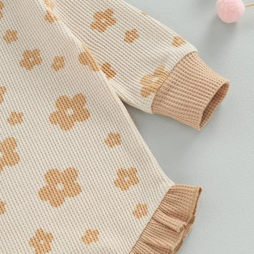 Vista 11 de Ropa de bebé recién nacida, sudadera floral de manga larga, mameluco con volantes, diadema de gofre, traje de otoño de una pieza