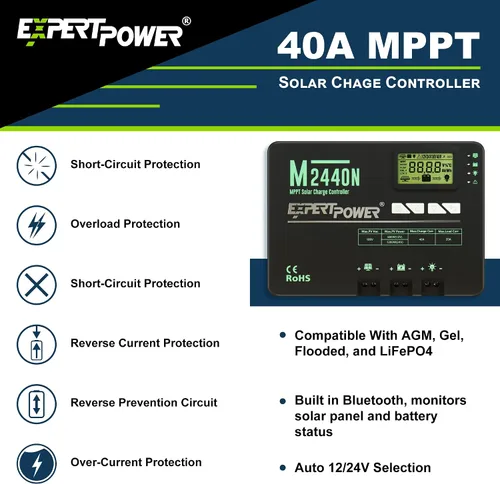 Vista 2 de ExpertPower Controlador de carga solar MPPT de 40 A Regulador inteligente de selección automática de 12 V/24 V Entrada fotovoltaica máxima