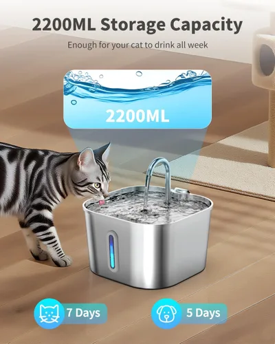 Vista 2 de Lawfery Fuente de agua para gatos de acero inoxidable, fuente automática de agua para gatos de 74 oz/2.2 L, dispensador de agua para mascotas