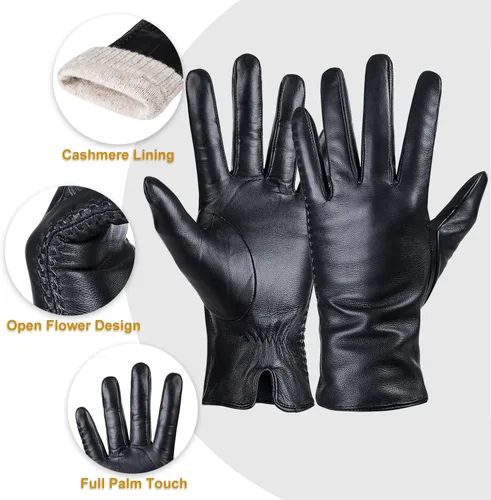 Vista 4 de Guantes de piel de oveja genuina para mujer, guantes de invierno cálidos para pantalla táctil, con forro de cachemira, guantes de vestir