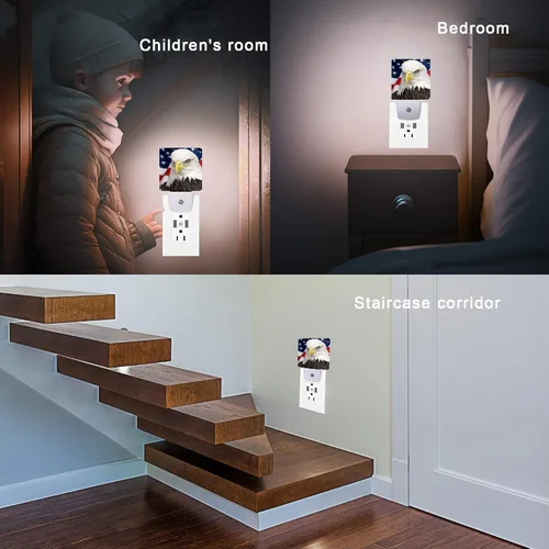 Vista 5 de Luz nocturna de bandera estadounidense, luces nocturnas de águila de 0.5 W, apta para dormir, para niños y niñas, lámpara LED con sensor de Bandera