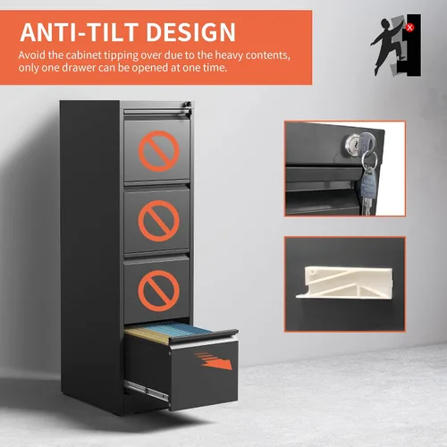 Vista 5 de IKIMI Archivador de 4 cajones, archivadores de metal con cerradura, archivador vertical negro para oficina en casa, gabinete de almacenamiento