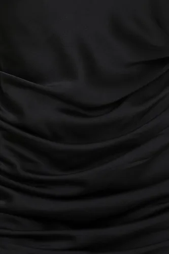 Vista 5 de Drawstring Ruched Cowl Neck Satin Mini Slip Dress- Tie Shoulder Strap Low Back Bodycon Silk Midi Cocktail Dresses Women Sexy