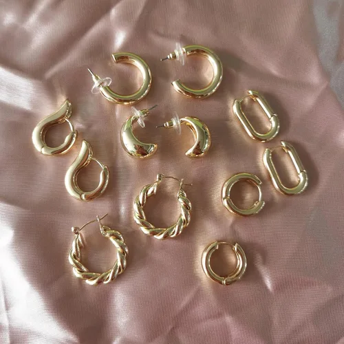 Vista 4 de Juego de 6 pares de aretes de aro de oro para mujer, chapados en oro de 14 quilates, hipoalergénicos, ligeros, gruesos, abiertos, joyería para regalo
