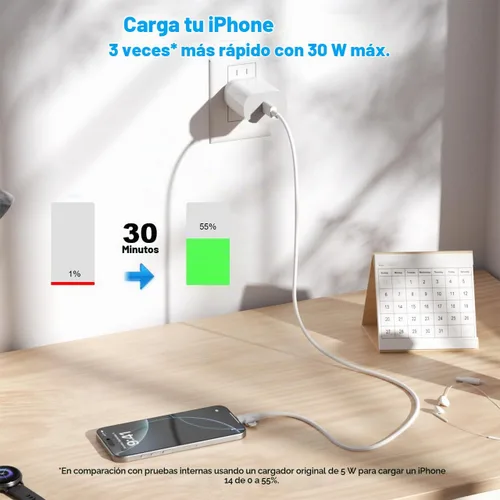Vista 5 de Cargador de iPhone 17/16/15/14/13/12 de 30W Bloque de Carga Rápida con Cable Largo de 6 Pies de C a Tipo C y Lightning. Carga Rápida para Todos