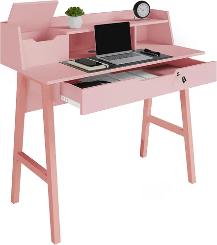 Vista 3 de Crafts and Comfort - Escritorio Pequeño Roma de Diseño Moderno para Dormitorio, Escritorio de Escritura Rosa de 40 Pulgadas con Estante Superior