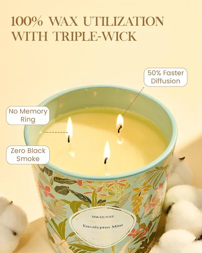 Vista 3 de M&SENSE Vela Perfumada de Eucalipto y Menta, 28.2oz Velas Grandes de Cera de Soja Natural de 3 Mechas, Larga Duración Combustión Limpia y Lenta Sin