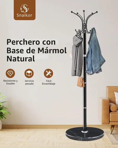 Vista 7 de Snaikor Perchero de Metal con Base de Mármol Natural, Perchero Moderno Independiente, Perchero Giratorio de 360° con 14 Ganchos, Perchero de Negro
