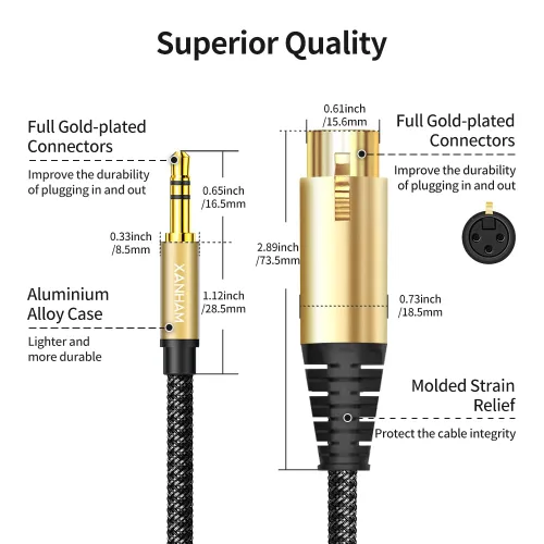 Vista 3 de XLR hembra a conector macho de 0.138 in (1/8") de 3.3 pies/3.3 ft TRS Cable desequilibrado compatible con iPhone, iPod, reproductor de MP3, laptop