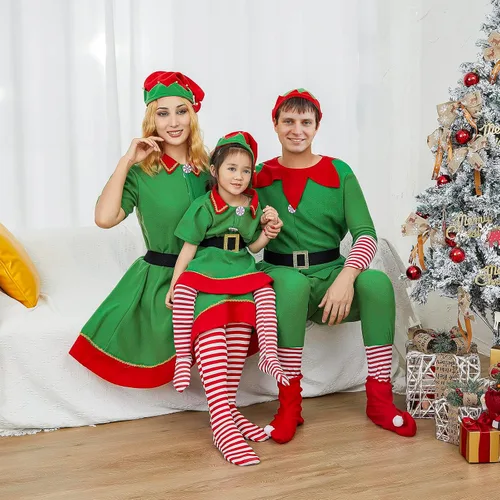 Vista 3 de Michellecmm Disfraz de elfo de Navidad para niñas, niños, hombres y mujeres, disfraz de elfo de Navidad, vestido de Santa para fiesta de disfraces