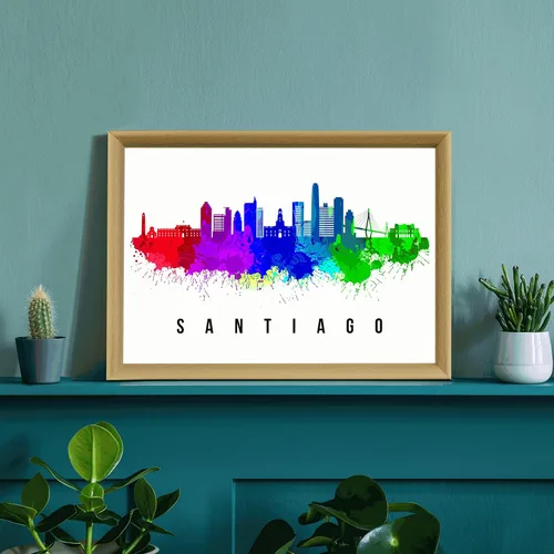 Vista 3 de Póster de Santiago Skyline Chile, pintura de paisaje urbano de Santiago, póster de Santiago Chile, paisaje urbano de Chile y estampado de Santiago