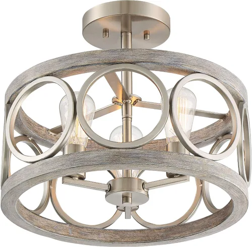 Vista 6 de Franklin Iron Works Salima - Lámpara de techo industrial rústica de 16 pulgadas de ancho, 3 luces con acabado de madera gris níquel cepillado