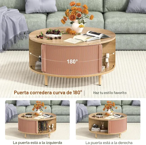 Vista 5 de Mesa auxiliar redonda, mesa central acanalada de 31.5 pulgadas con almacenamiento, mesa de centro elevable con almohadillas ajustables, puerta