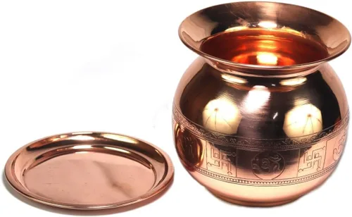 Vista 9 de ASHIRWAD Cobre puro en relieve Lota Kalash para oración hindú Pooja con Om Swastik Signs Arti Puja Pot para nuevo hogar AE000182-04 (1.0 L)