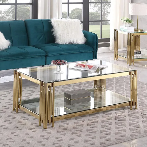 Vista 20 de SSLine Mesa de centro de cristal negro con marco de acero inoxidable dorado, mesa de centro rectangular de lujo de 2 niveles para sala de estar Café