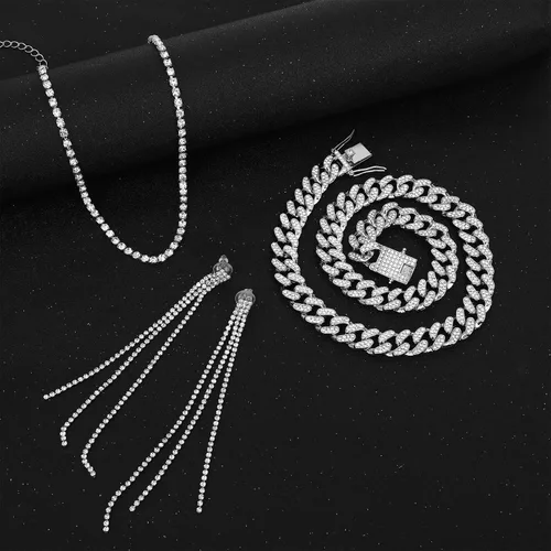 Vista 4 de NEWITIN 13 Pcs Silver Jewelry Set for Women Bling Diamond Cuban Jewelry Set Conjunto de joyas de plata