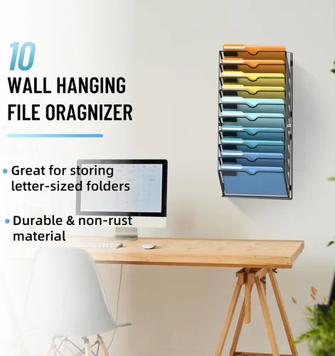 Vista 2 de SUPEASY Organizador de archivos de pared colgante de 10 niveles con ganchos Negro