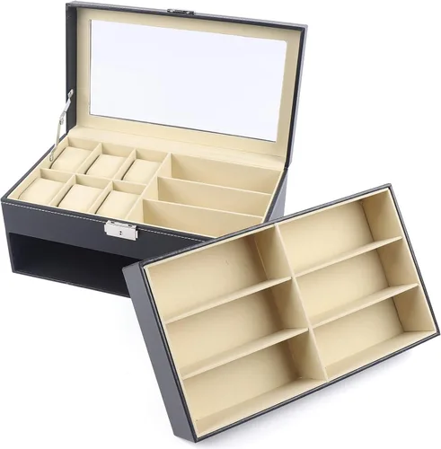 Vista 4 de Estuche organizador de joyas para relojes, de cuero negro para 6 relojes + 9 gafas con parte superior de cristal, regalo para hombres y mujeres