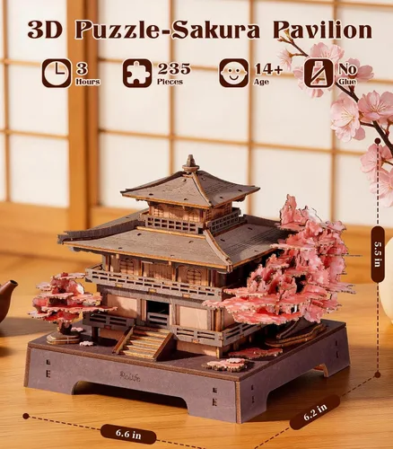 Vista 2 de Rolife Rompecabezas de madera 3D Sakura Pavilion, modelo de arquitectura japonesa y kit de construcción de casas en miniatura para adultos Marrón